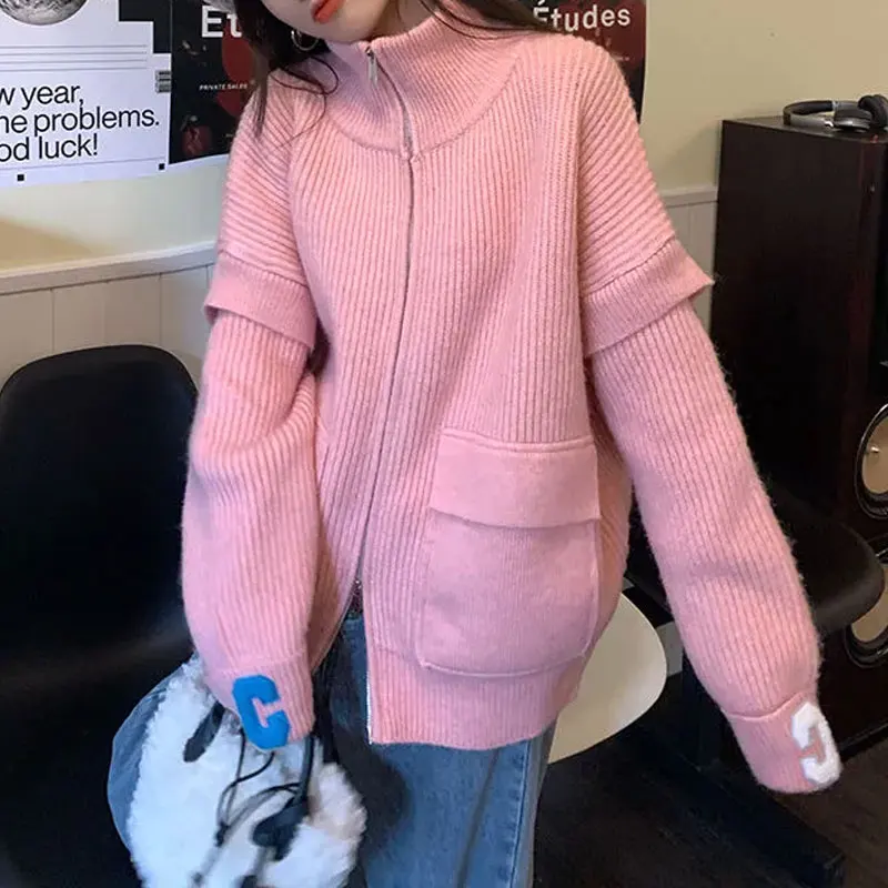 Korean Solid Color Loose Knitted Cardigan Female Clothing Letter Casual Autumn Winter Turtleneck Basic Fashion Zipper Sweaters