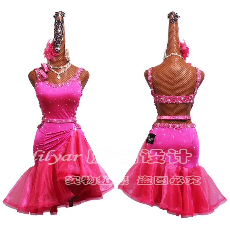 New Latin Dance Dress Latin Skirt Competition Dress Costumes Performing Dress Sparkly Rhinestone Pink Embroidered Fishbone skirt