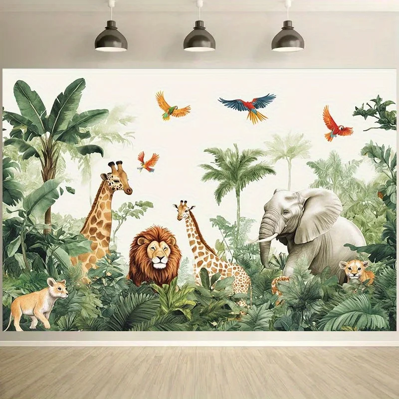 Jungle Safari Animal Tapestry Wall Hanging Tropical Forest Decor Canvas Print Realistic Giraffe Lion Elephant Nursery Room