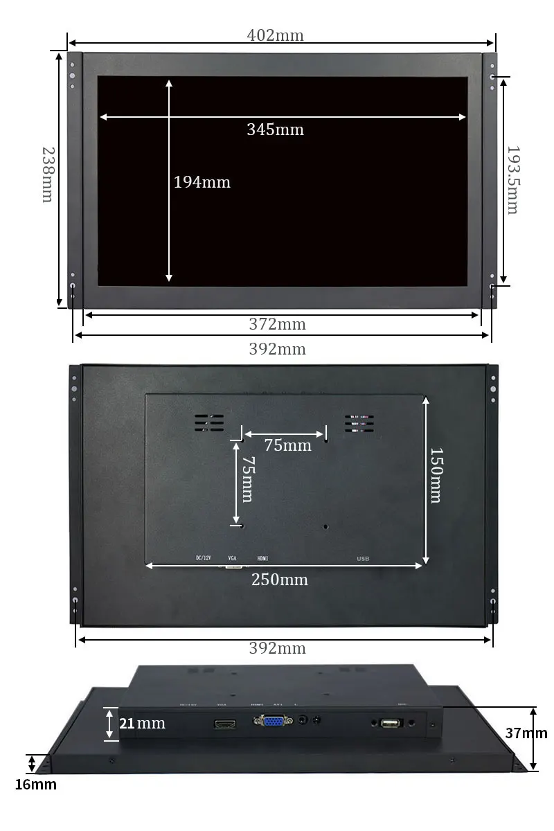 Imagem -05 - Monitor Industrial do Lcd do Toque Brilho Alto Exterior Quadro Aberto Exposição do Metal Vga Hdmi Usb 156 1920x1080 1000nits