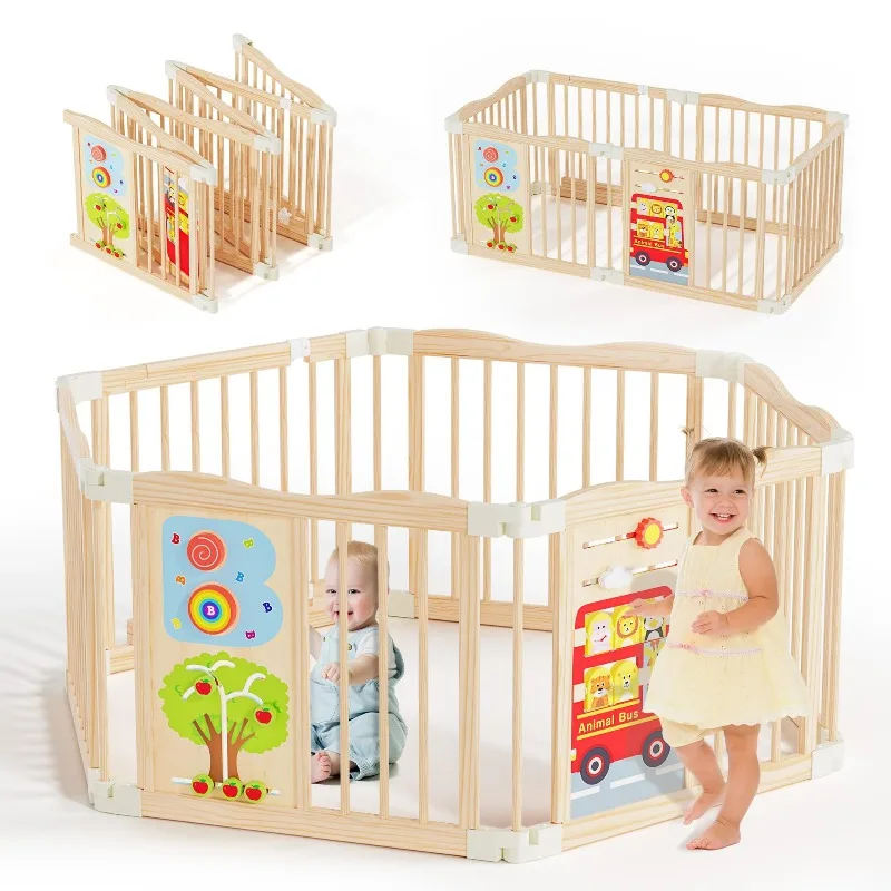 

Foldable baby fence, wooden household baby floor climbing mat fence