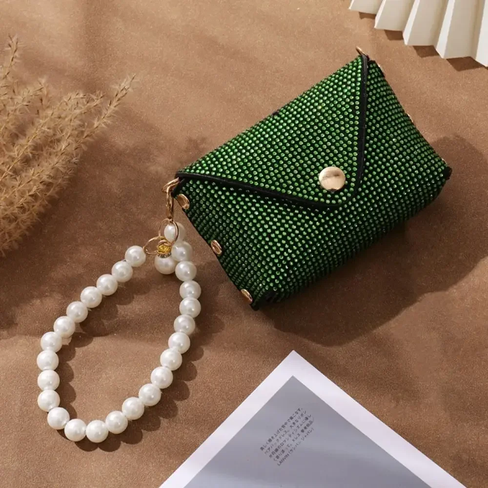 Korean Style Portable Shiny Rhinestone Coin Purse PU Leather Clutch Bag With Pearl Lanyard