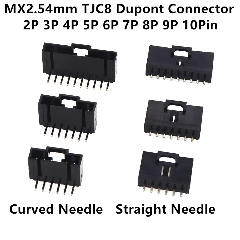 MX2.54 TJC8 Dupont Connector 2/3/4/5/6/7/8/9/10Pin With Lock Buckle Single Row 2.54mm Right Angle Straight/Curved Needle