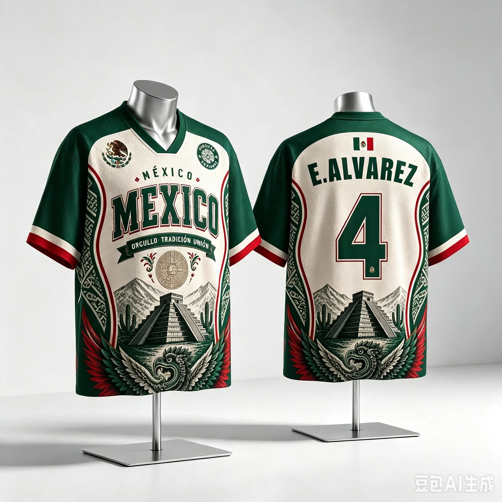 Family Replica Soccer Jersey,V‑Neck Short‑Sleeve Mesh Top,Mexican Mayan Pyramid Folk Art Print, NO.4, Casual Street Tee