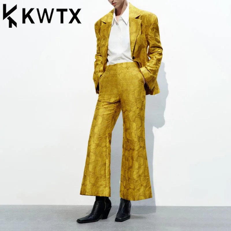 

KWTX Women's Orange Print Two Piece Set SS2025 Blazer and Flare Pants Casual Stylish High Street Trendy Luxury Premium Quality