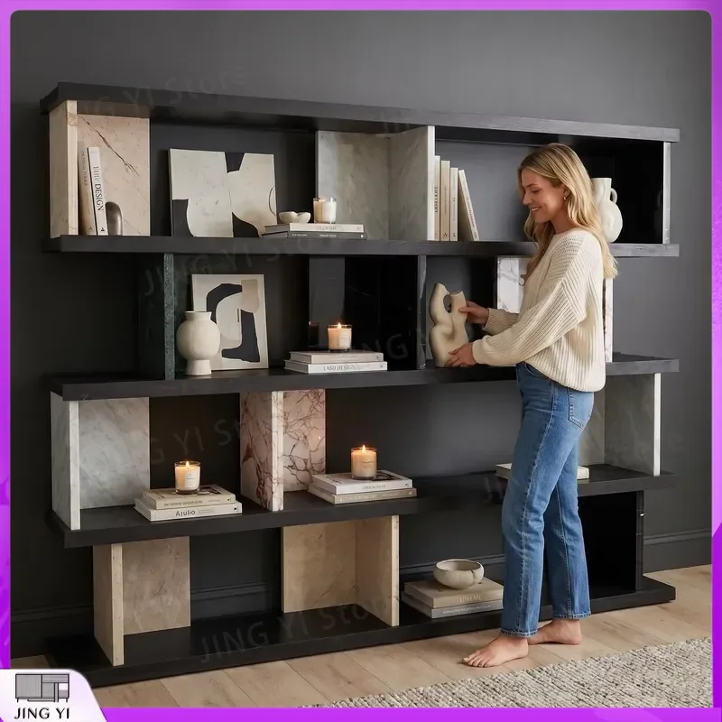 Solid Wood Multi Layer Bookshelf Display Stand for Home Office Library Marble Stone Splicing Exhibition Shelf Storage