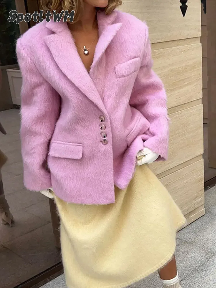 Pink Woolen Warm Blazer Coat Women Chic Lapel Single Breasted Pocket Decoration Overcoat Autumn Winter Female Street Outerwear