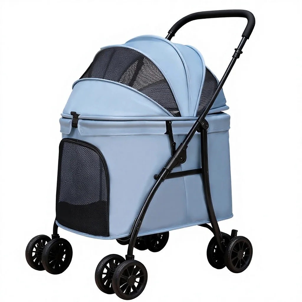 Outdoor Metal Foldable Stroller for Medium to Large Dogs and Cats Breathable Double-Pet Carrier