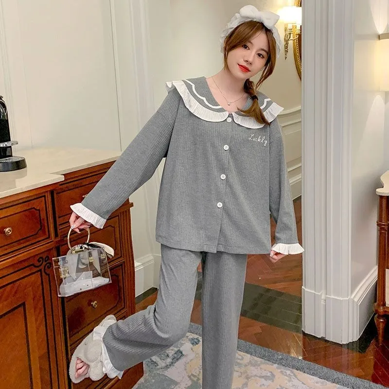 2024 New Pajama Women Spring Autumn Sleepwear Cotton Long Sleeves Loungewear Simple Lovely Winter Nightwear Loose Homewear Suit