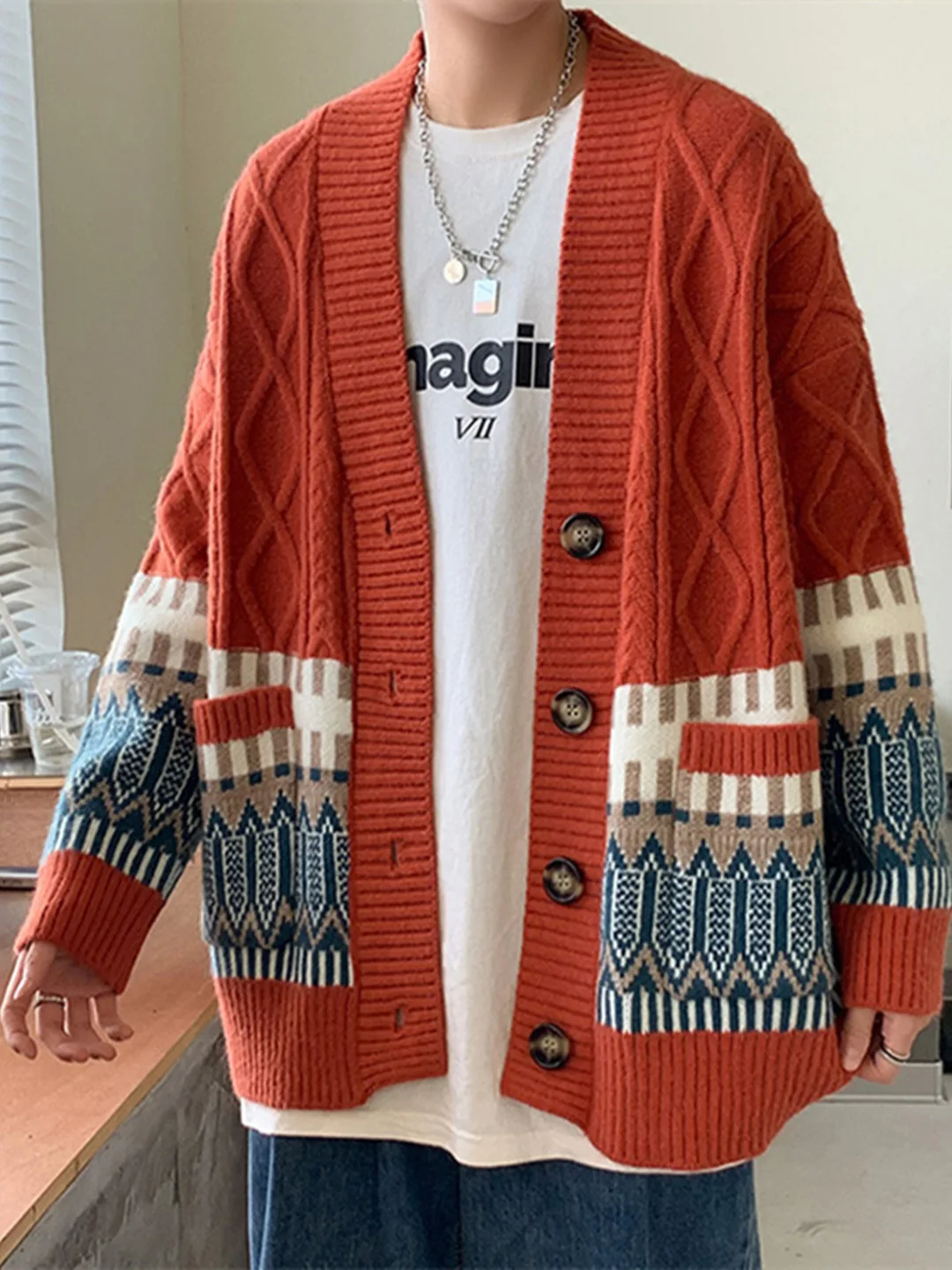 

Ретро японский Sle V-Ne сращивание ромбовидный узор свободный мужской вязаный свитер повседневный открытый кардиган модная уличная одежда