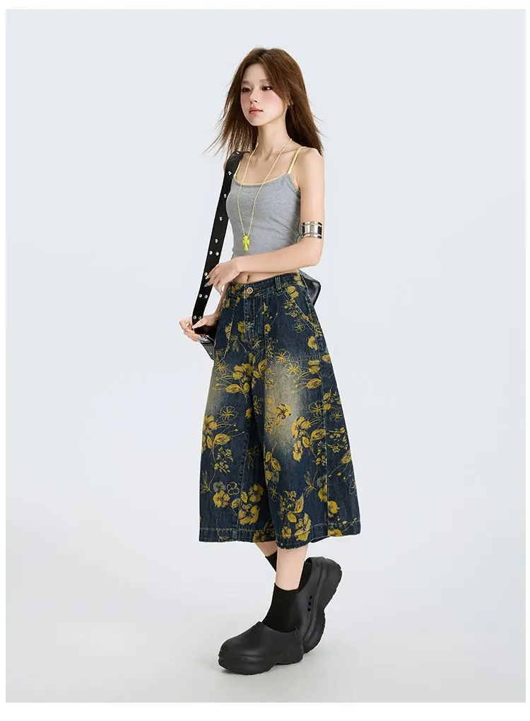 2026 Woman Summer High Street Washed Big Flower Denim Wide Leg Pantspersonality Japanese And Korean Streetwear High Waist Jeans