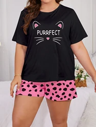 Large size women's pajamas cute loose print short sleeved short home clothing set