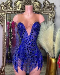 Royal Blue Sheer O Neck Short Prom Dress For Black Girl Beaded Crystal Diamond Birthday Party Dresses Mini Cocktail Customized