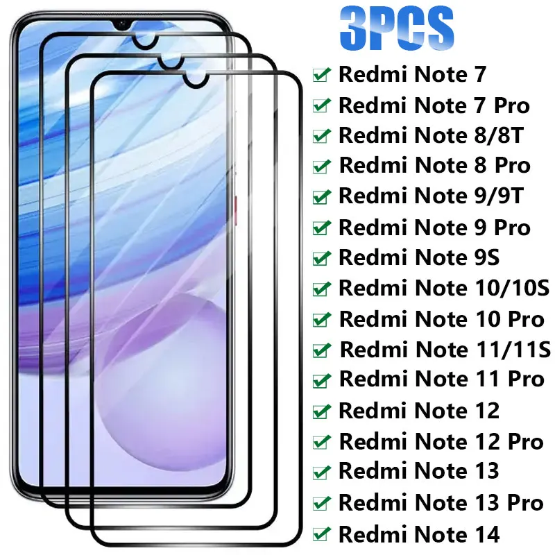 3PCS Full Tempered Glass for Xiaomi Redmi Note 7 8 9 10 Pro 8T 9T 9S 10S 11S Screen Protector For Redmi Note 11 12 13 Pro 14 5G