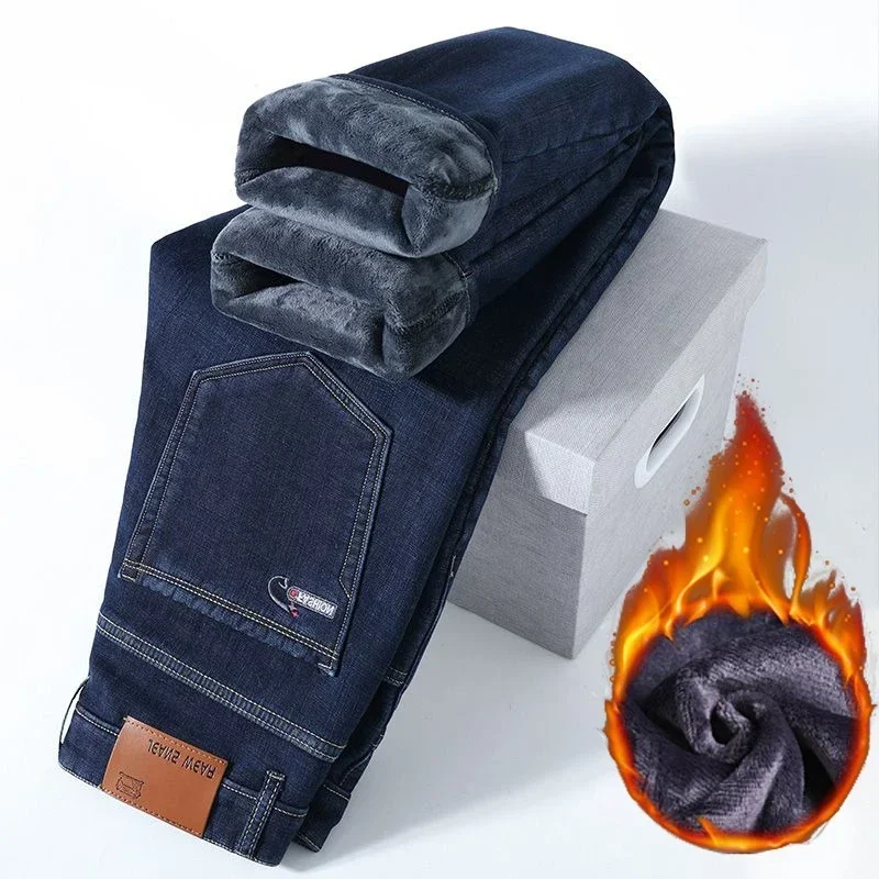

Men New Autumn Winter Thermal Jeans Male Snow Warm Plush Fleece Loose Straight Leg Denim Pants Business Causal Stretch Trousers