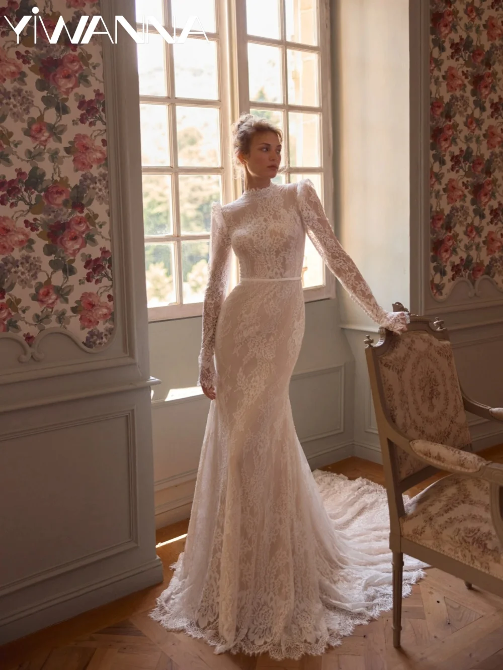 

Dreamy Floral Lace Mermaid Wedding Dress Modest High Collar Long Sleeve Bridal Gown New Customized Elegant Dresses For Bride
