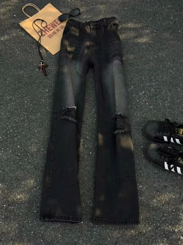 

Американские джинсы в стиле High Street с рваными элементами, прямые, модные, брендовые, стильные, мужские, универсальные, слегко расклешенные брюки
