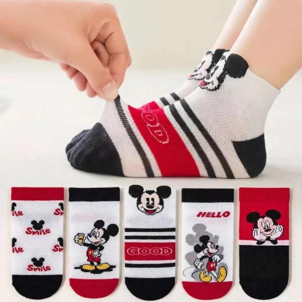 5 pares de calcetines tobilleros de Disney Mickey Mouse para niñas con estampado de dibujos animados a rayas y bloques de color, calcetines náuticos de punto de malla transpirable
