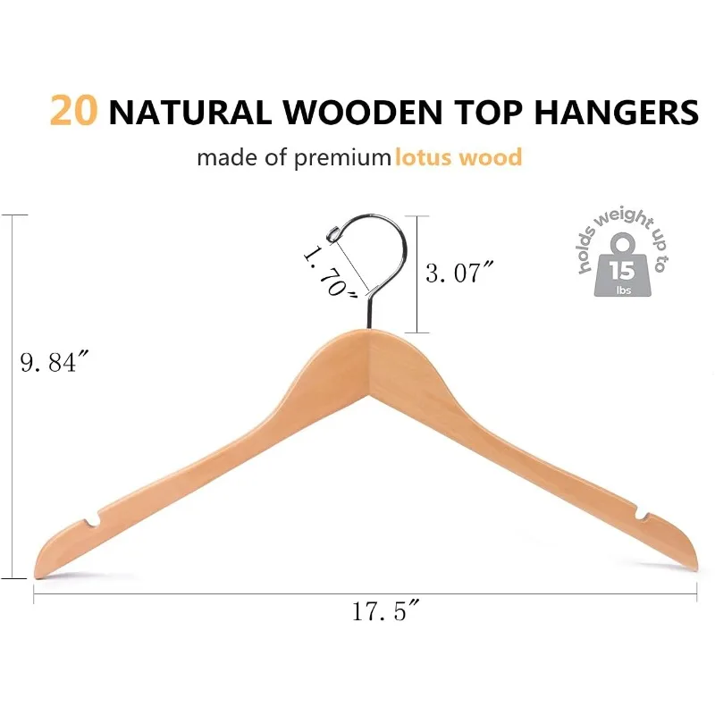 20 Pack Natural Wooden Shirt Hangers, Premiun Wood Coat Hangers Without bar, Clothes Hangers for Jacket, Bridal (Natural, 20)