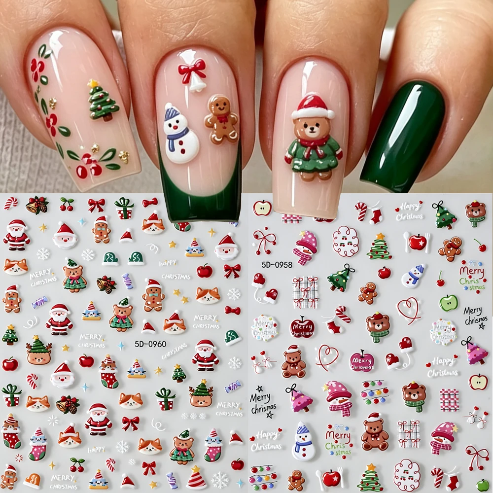 2Pcs 5D Embossed Christmas Nail Stickers Cute Bear Santa Snowman Pattern Self-Adhesive Nail Decals For Winter Xmas DIY Manicure