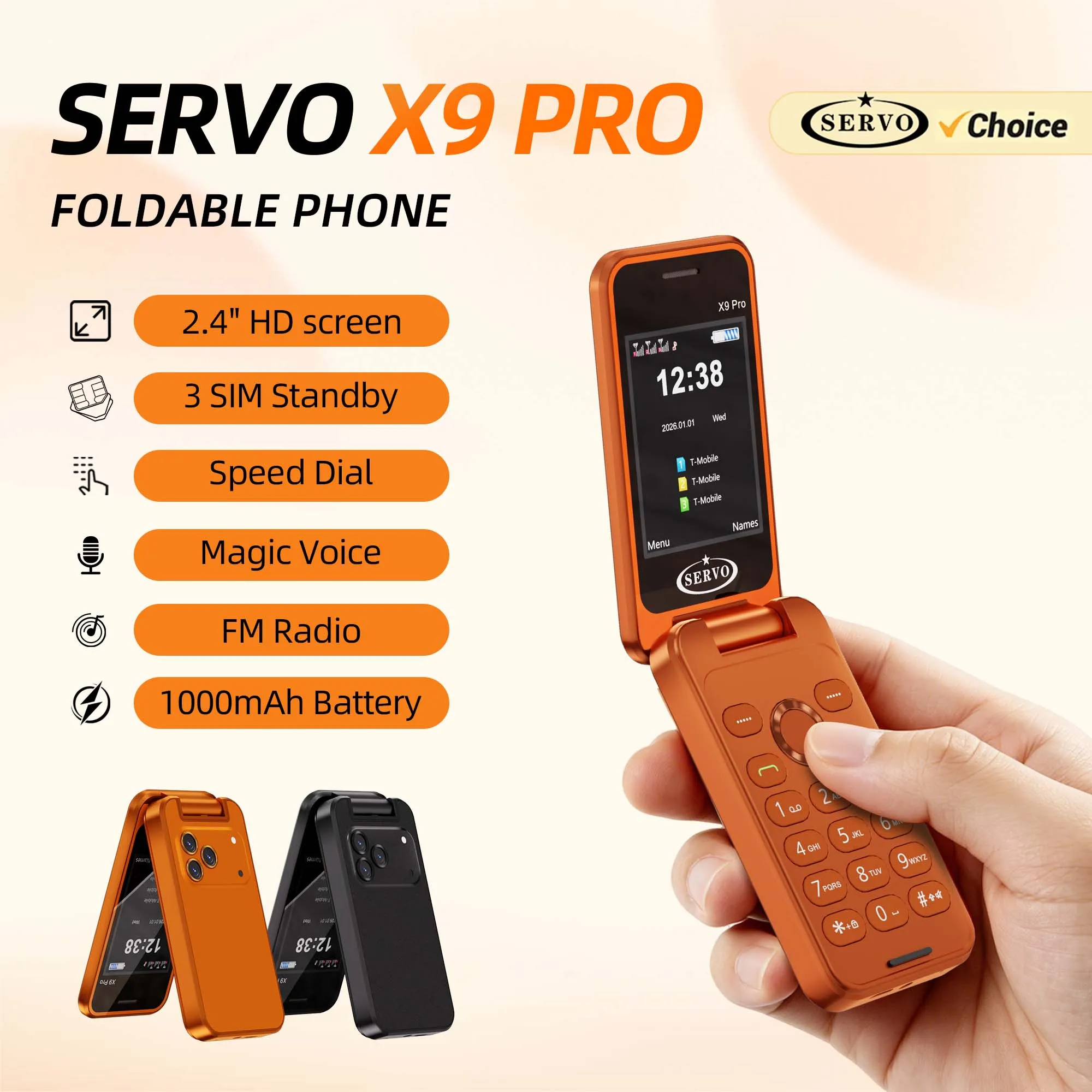 هاتف SERVO X9 PRO القابل للطي بشاشة 2.4 بوصة، يدعم ثلاث شرائح SIM، مع ميزة الصوت السحري والاتصال السريع وراديو FM ومشغل MP4 ومصباح يدوي
