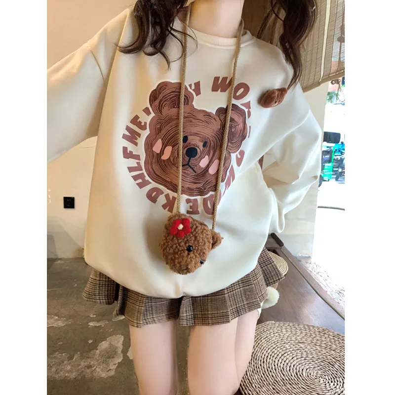 2025 Spring and Fall Korean Sweet Bear O-neck Pullover Women Design Sense Cute Casual Loose Versatile Sweatshirts Female
