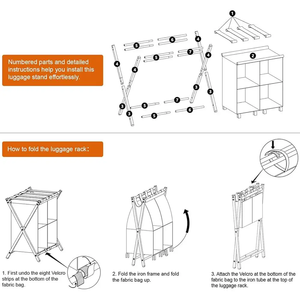 Guest Room Folding Luggage Rack Suitcase Stand with Fabric Storage Rack Compact Steel Holder Easy Packing Unpacking