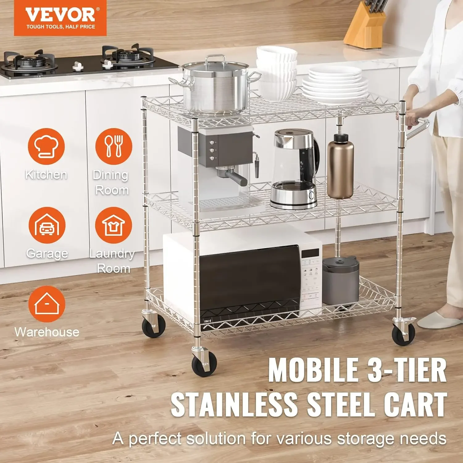 Kitchen Utility Cart, 3 Tiers, Wire Rolling Table with 661 LBS Capacity, Steel Service Desk on Wheels, Metal Storage Trolley wit