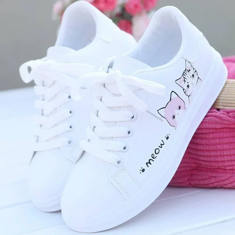 2024 New Arrival Fashion Lace-up Women Sneakers Women Casual Shoes Printed summer Women Pu Shoes Cute Cat  Shoes