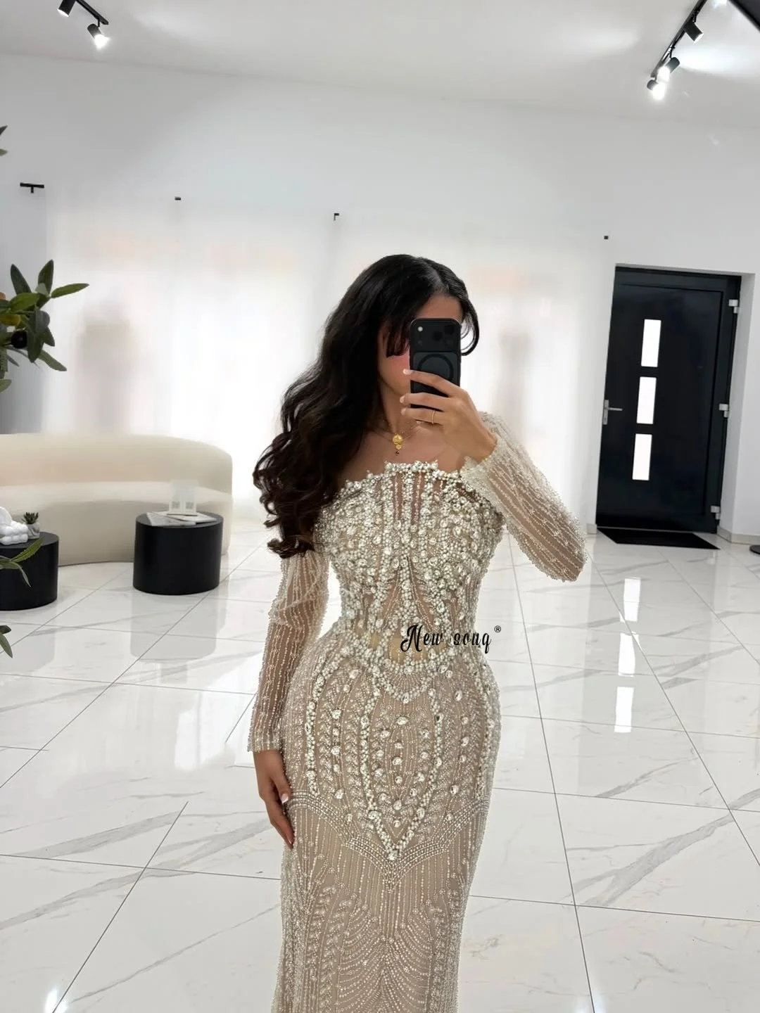 Female Champagne Long Sleeve Prom Dress Mermaid Crystals Sparkly Events Dresses 2026 Vestido De Festa Casamento Customized Dubai - view 2
