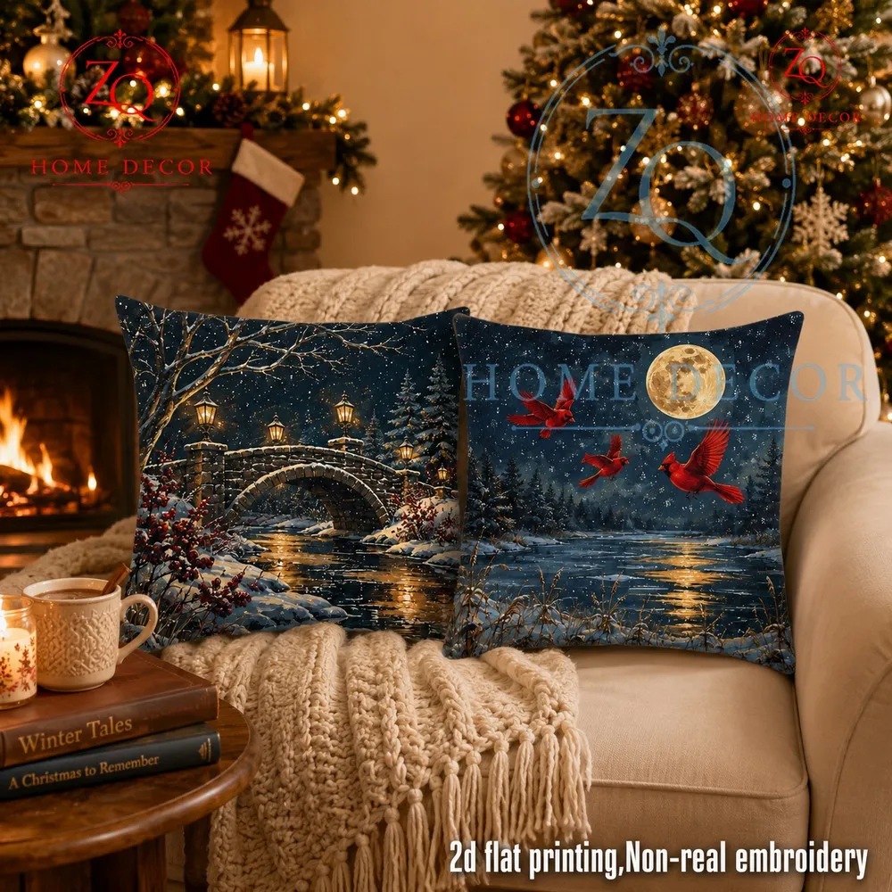 Moonlit Red Sparrow Winter Scene Pillowcase Gilded moonlight reflecting on the cold river creing healing mosphere brightening