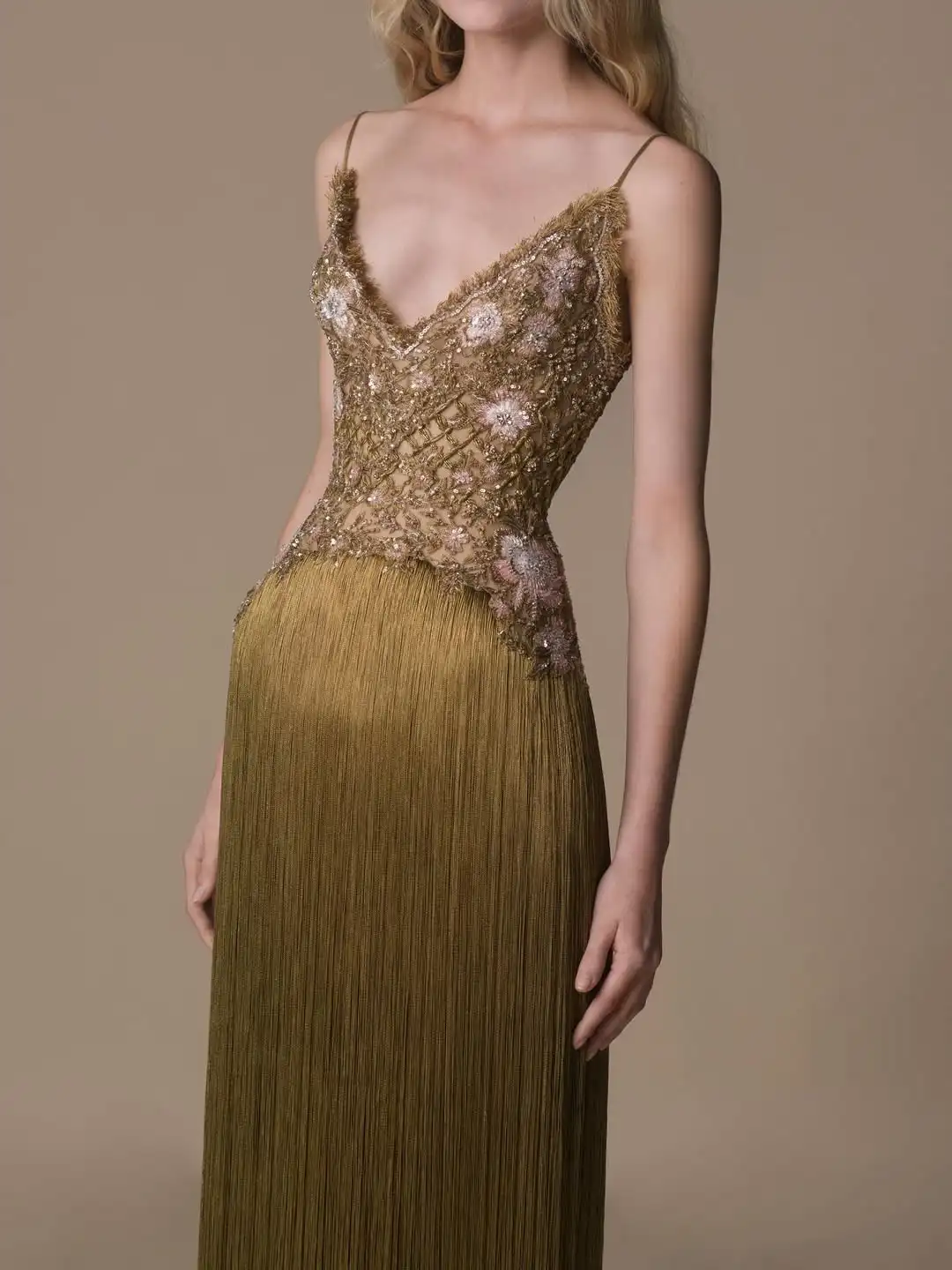 

New Design Elegant Spaghetti Strap Floral Beaded Fringe Mesh High Slit Bodycon Mermaid Evening Prom Formal Party Dress