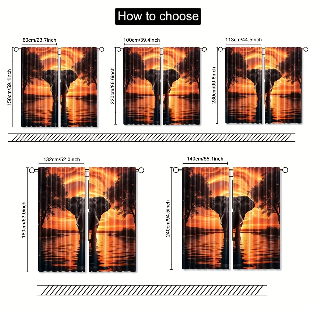 2pcs, Elegant Elephant Sunset Water Reflection Artwork Pattern Curtains Light Filtering Polyester Rod Pocket Design for Bedroom