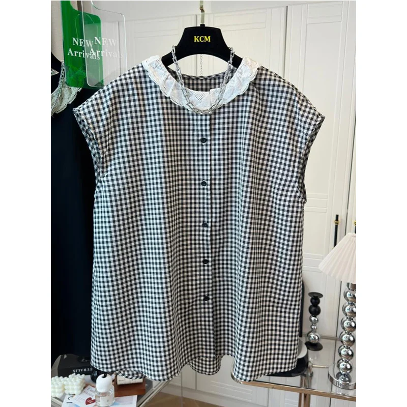 Sleeveless Shirts Female Summer Korean Fashion Loose Ruffles Blouse Women Clothes Casual All-match Plaid Patchwork Buttons Tops