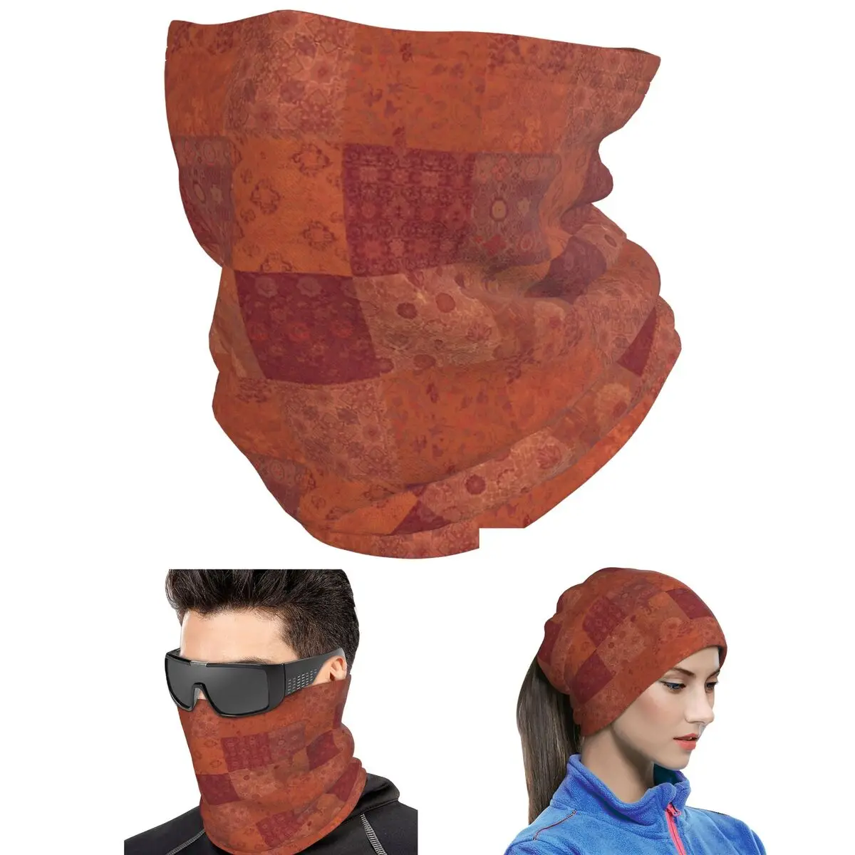 Vintage Bohemian Quilt In Burnt Orange Bandana Neck Gaiter Printed Wrap Mask Scarf Cycling Balaclava For Men Women Adult