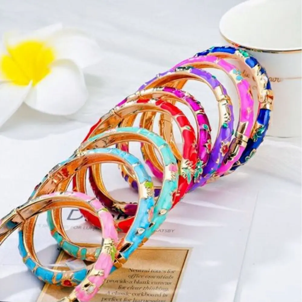 Enamel Chinese Cloisonne Bracelet Hand Bracelet Traditional Peony Filigree Flower Bangle Double Bangle Ethnic image 3