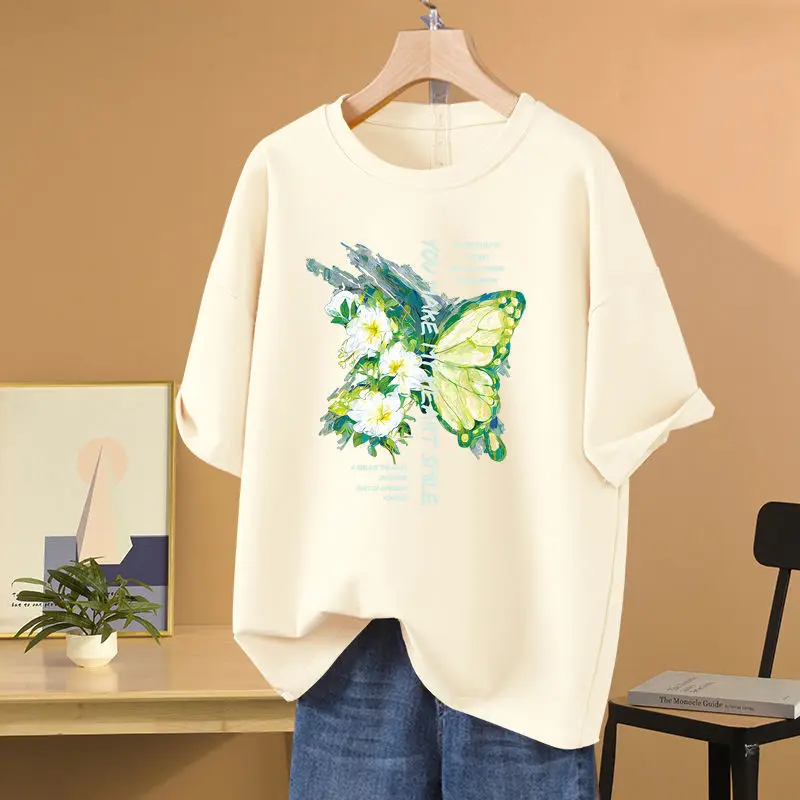 Women's Nice Flowers Butterflies Printed Loose Pullover 2024 New Fashion Simple Crew Neck Short Sleeve 100 Cotton Basics Top Tee