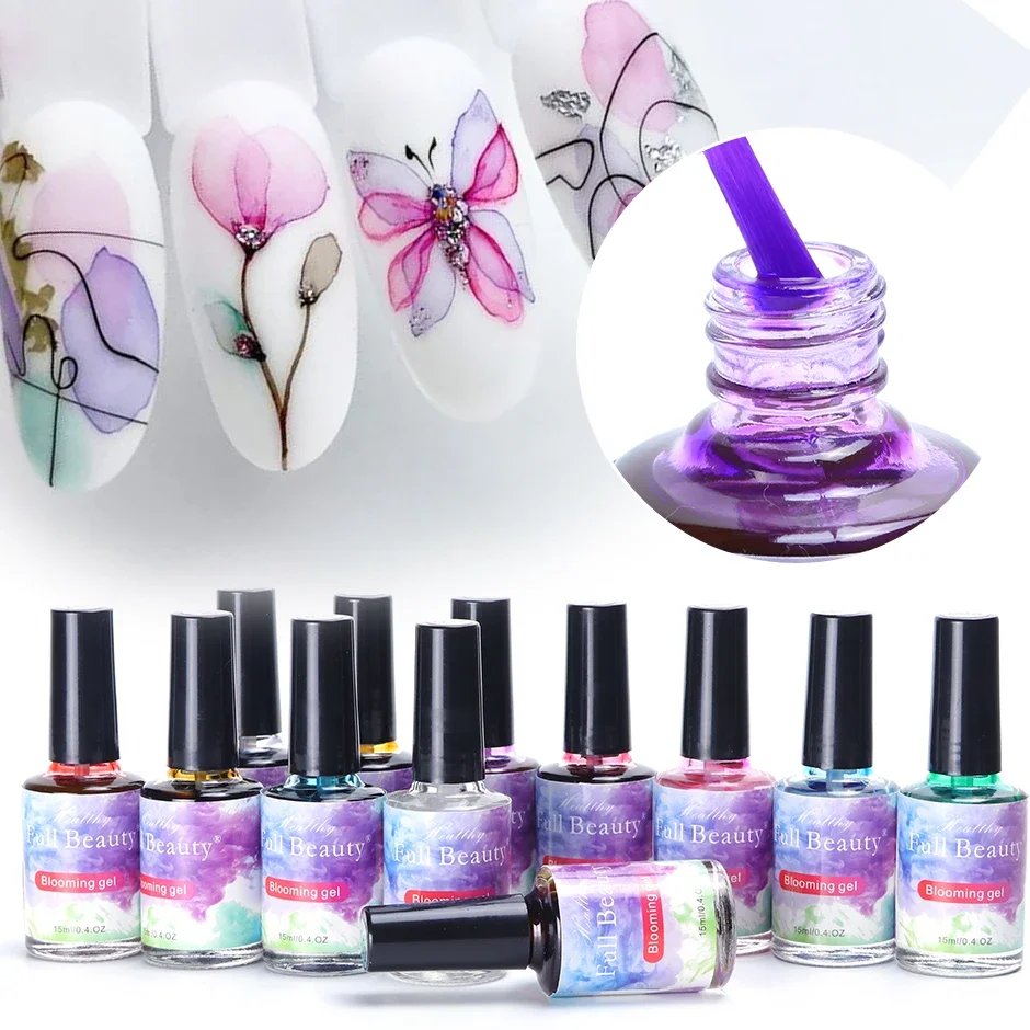 12pcs Blooming Marble Watercolor Nails Gel Polish Ink Spring Flowers Design Smudge Effect Soak Off Manicure Hybrid Varnish JI895