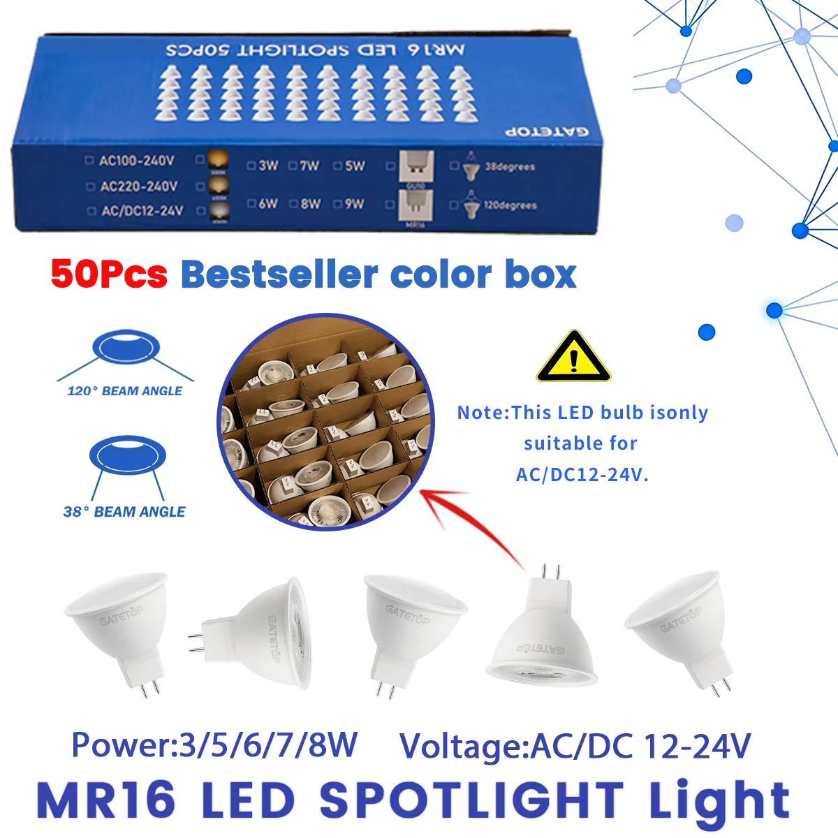 

50 шт. высококачественных бытовых ламп GU5.3/MR16 AC/DC 12В 24В, сверхъяркие точечные светильники с углом освещения 38 градусов, аксессуары для освещения