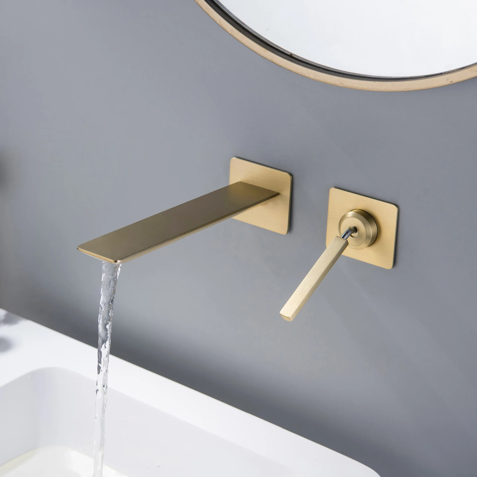Wall Mount Basin Sink Faucet Double Hole Lavatory Vanity Sink Faucet Single Handle Bathroom Hot and Cold Mixer Tap Brushed Gold