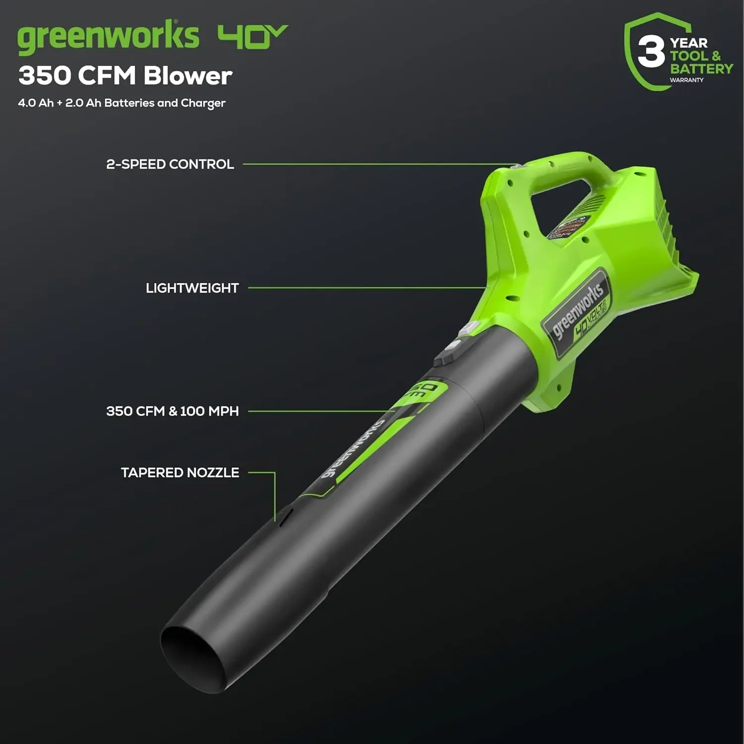 Greenworks 40V 16 "جزازة العشب اللاسلكية (الدفع) بدون فرش + منفاخ (350 CFM) + ماكينة تشذيب الخيوط مقاس 13 بوصة (مكبات الصوت)، 4.0 أمبير + 2.0 أمبير في الساعة