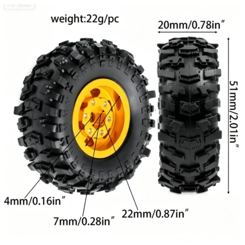 A53TT 4pcs 51mm Metal Beadlock Wheel Rim Rubber Tire Set Upgrade Parts Compatible with 1/24 RC Crawler Car