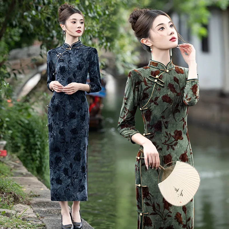 

New Chinese Style Long Daily Improved Cheongsam Young Women Retro Long Sleeved Spring and Autumn Dress Qipao