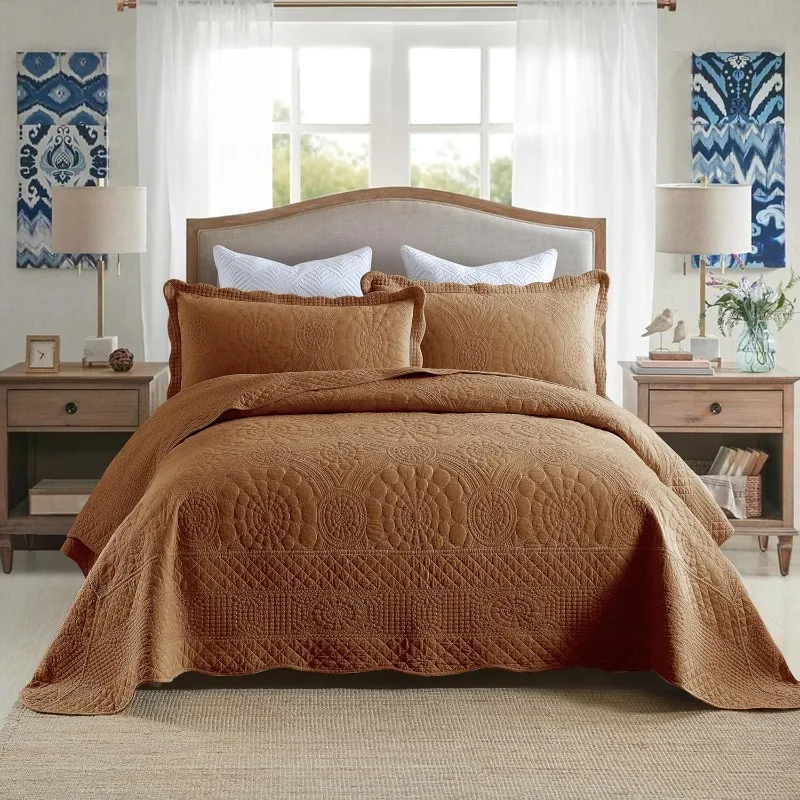 

3-Piece 100% Cotton Oversized Bedspread Quilt Set Coverlet Set Farmhouse Bedding Set TF,Dark Orange, King