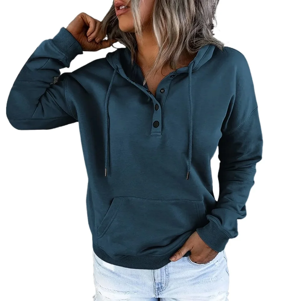 Winter Solid Color Buttons Pocket Sweatshirt Women Drawstring Hoodie Tops Spring Ladies Long Sleeve Casual Loose Pullover Shirt