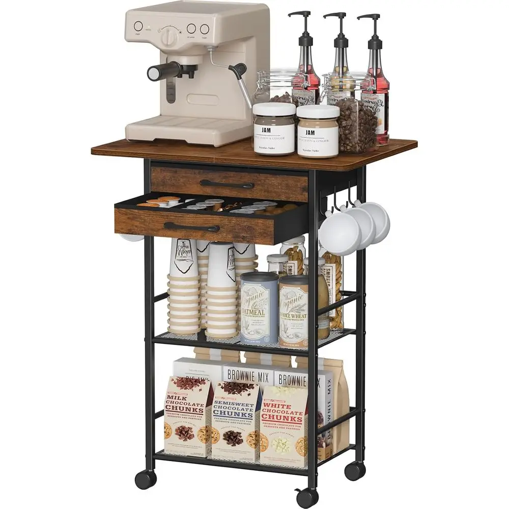 

5-Tier Rolling Coffee Cart with Large Drawers and Removable Dividers, Wide Coffee Bar Cart for Storage, Ideal for Home, Kitchen,