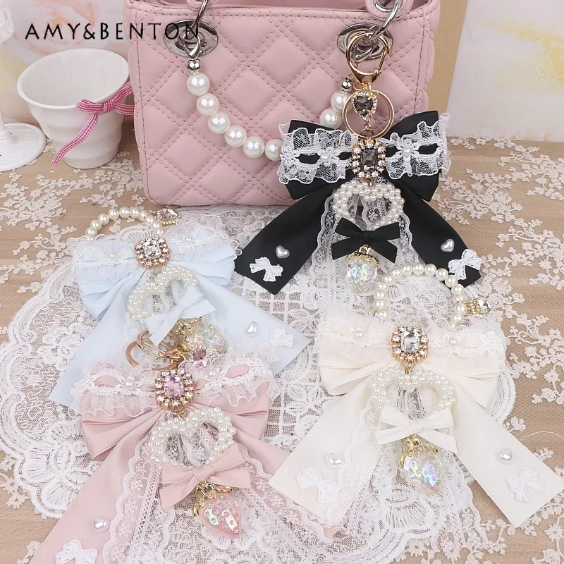 Handmade Mine Mass-Produced Handbag Pendant Heavy Industry Pearl Rhinestone Beaded Lace Bow Pendant All-Match Lolita Accessories