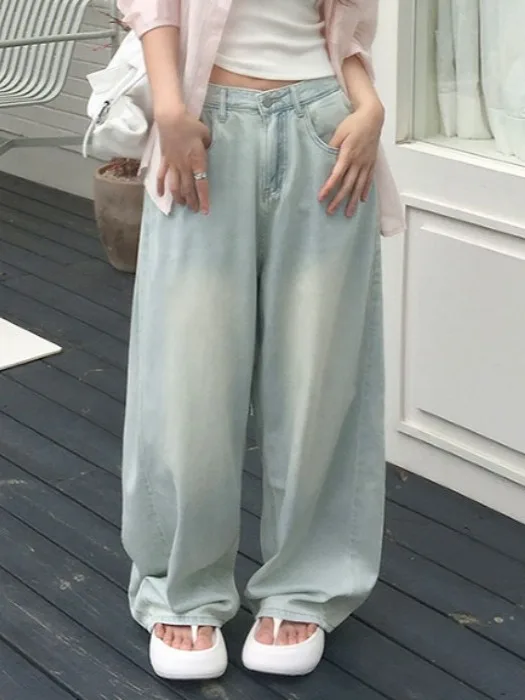 

Высокая талия, американская молния, плиссированная талия, модные свободные прямые джинсы, широкие джинсовые брюки, Dongda Gate