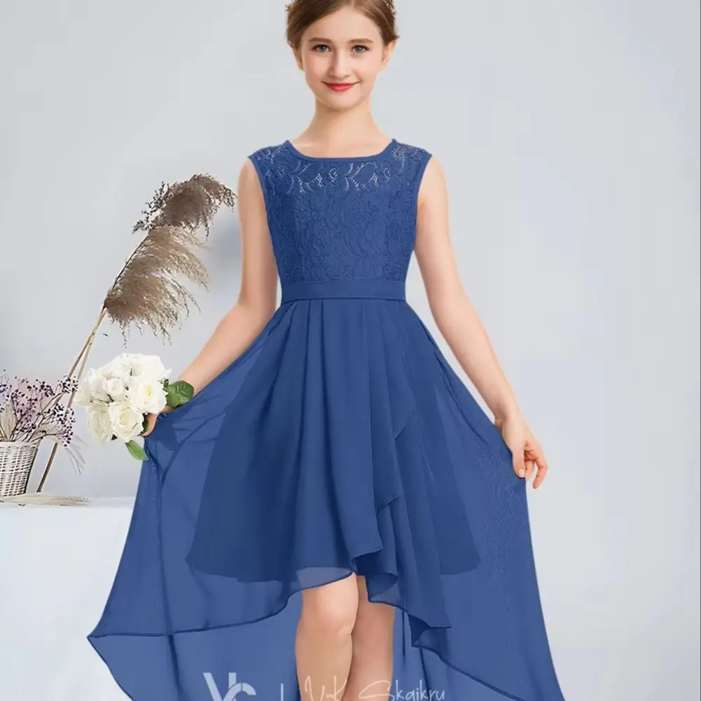 LSF Kids A-Line Scoop Neck Chiffon Lace Junior Bridesmaid Dress With Bow Cascading Ruffles Ivory Flower Girl Dress For Wedding