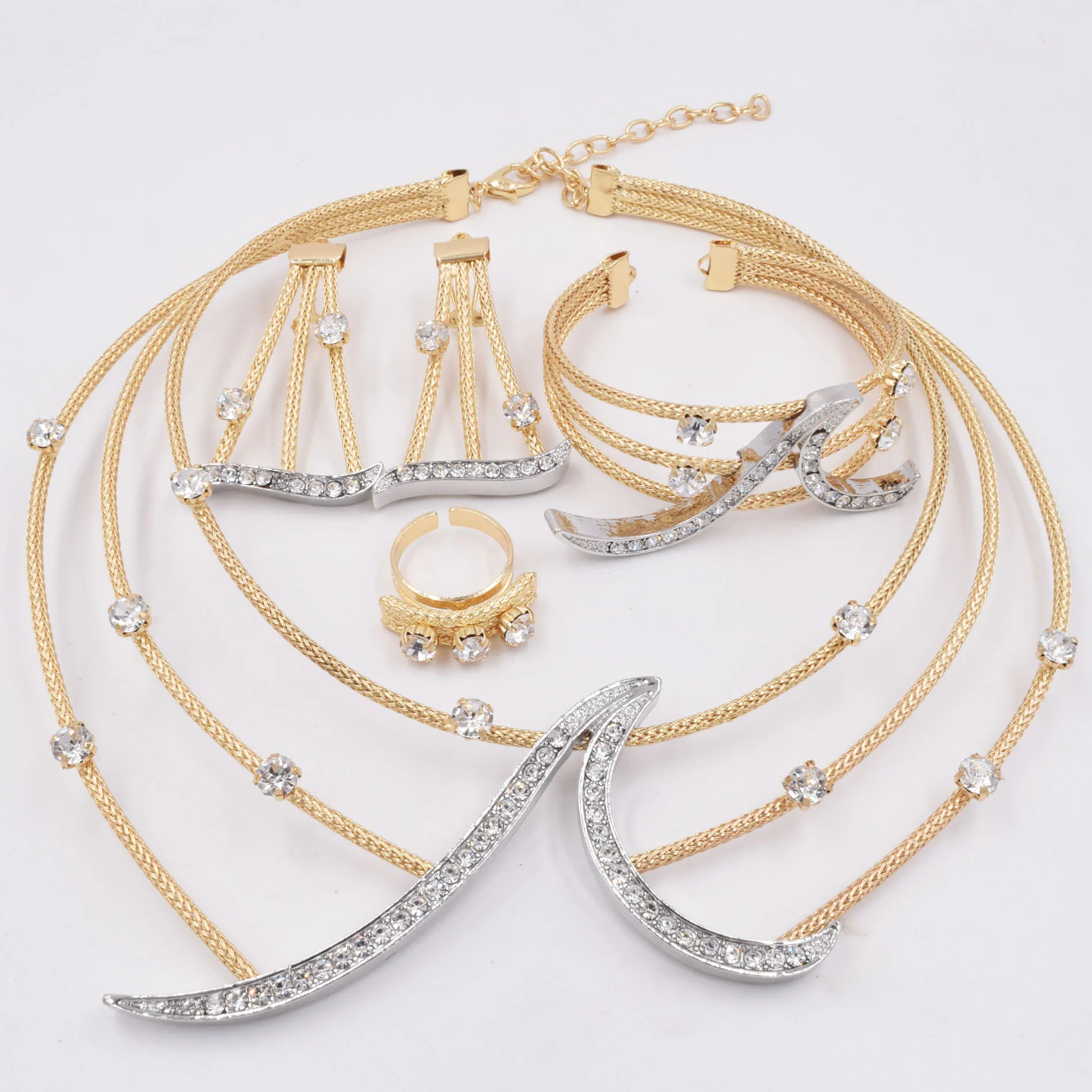 Italian 18K Gold Plated Jewelry Set Square Women Leaf Necklace Earrings Bracelet Ring 4pcs Jewelry Set Wedding Party Accessories